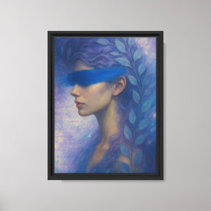 Impressão Em Tela Mulher Mística com Traço Azul e Folhas