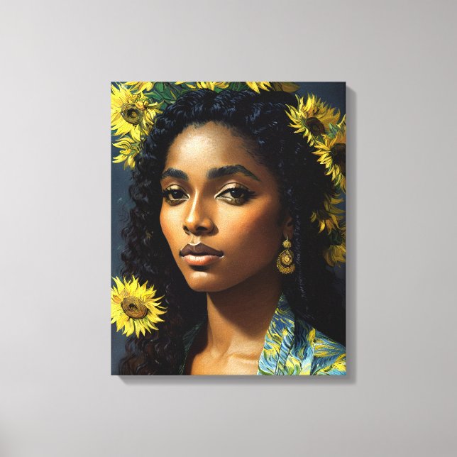 Impressão Em Tela Mulher Negra Retrato de Girassol Caráter Van Gogh (Frente)