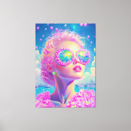 Impressão Em Tela Mulher Neon Glamorosa com Óculos Espumantes