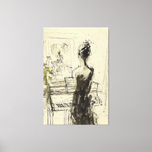 Impressão Em Tela Mulher no Piano Sketch -
