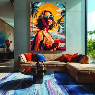 Impressão Em Tela Mulher Pop Art em Vibrações de Pôr do Sol Tropical