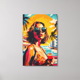 Impressão Em Tela Mulher Pop Art em Vibrações de Pôr do Sol Tropical