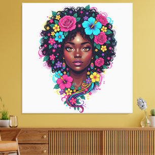 Impressão Em Tela Mulher Preta com Afro Adornado com Flor Brilhante
