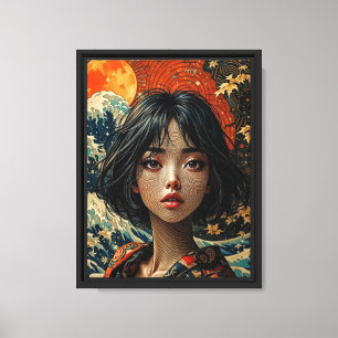 Impressão Em Tela Mulher Psicodélica Japonesa - Lua e Onda