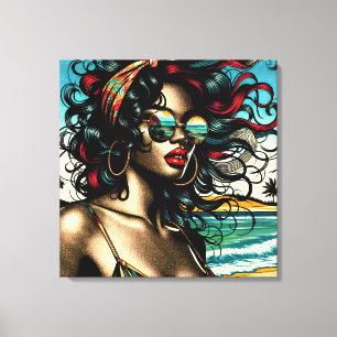 Impressão Em Tela Mulher Retro na Praia Estilo Cômico Pop Art