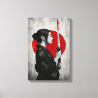 Mulher Samurai com Katana em frente ao Sol Vermelh