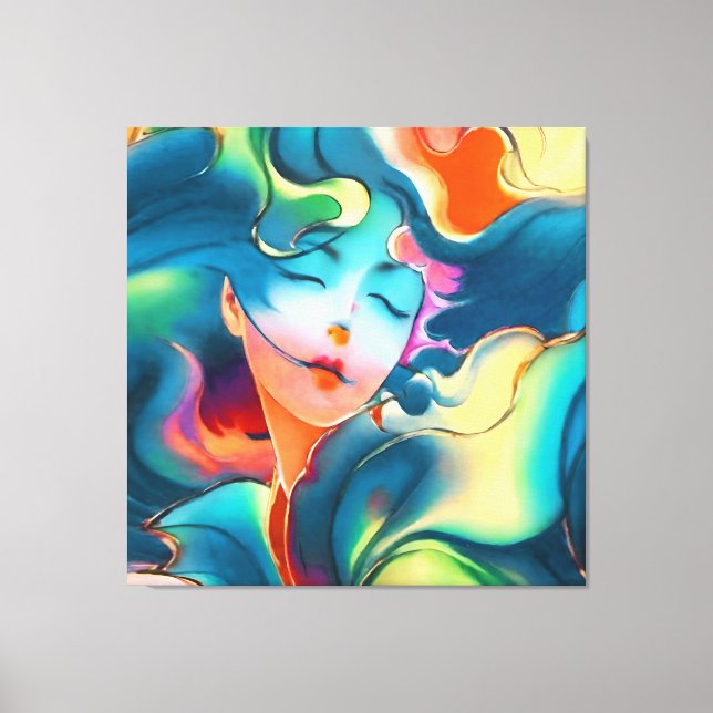 Impressão Em Tela Mulher Serena Sonhadora em Cores Azuis (Frente)
