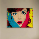 Impressão Em Tela Mulher Surpresa em Pop Art<br><div class="desc">Uma mulher com cabelo vermelho e olhos azuis vibrantes cobre o rosto com mãos enluvadas. O fundo é brilhante com influências da arte pop.</div>