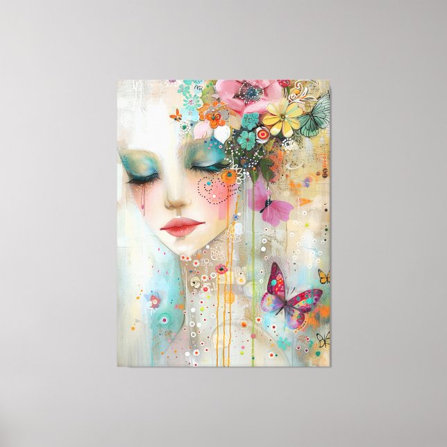 Impressão Em Tela Mulheres Artísticas, Flores e Borboletas (Frente)