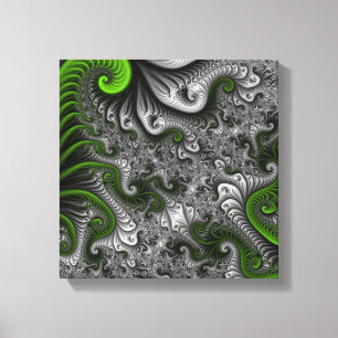 Impressão Em Tela Mundo Fantasia Verde e Cinza Arte Fractal Abstrata