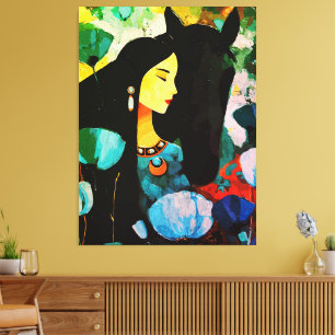 Impressão Em Tela Mural da Mulher e do Cavalo Turquesa