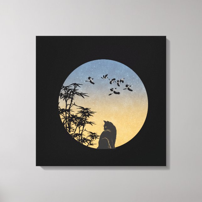 Impressão Em Tela Mystical Black Cat & Bamboo - Japanese Art  (Frente)