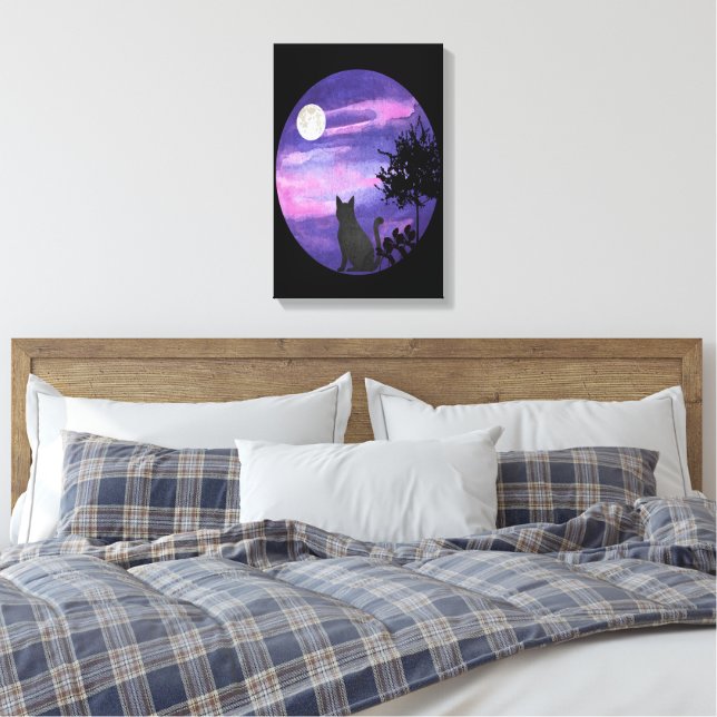 Impressão Em Tela Mystical Cat Under Moon – Dreamy Purple Night Wate (Insitu(Quarto))