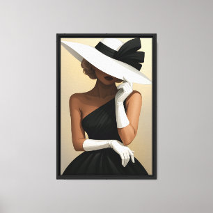 Impressão Em Tela Na moda em vestido preto e chapéu branco