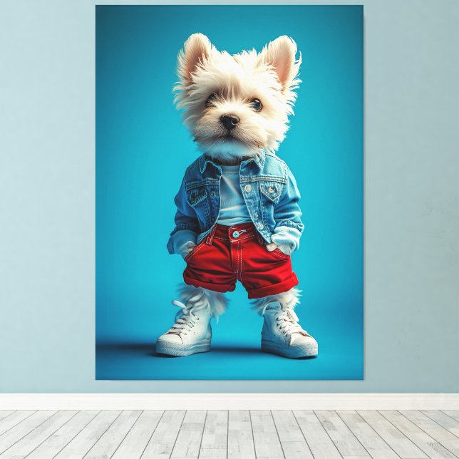 Impressão Em Tela Na moda Westie Pup em Denim e Sneakers (Insitu(piso de madeira))