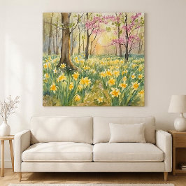 Impressão Em Tela Narcisos Amarelos na Aquarela da Floresta de Prima