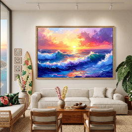 Impressão Em Tela Nascer do sol no mar sobre pintura de ondas