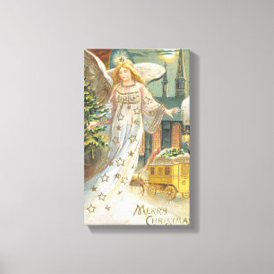 Impressão Em Tela Natal Antigo, Anjo Vitoriano com Árvore