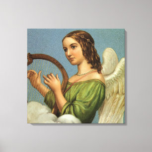 Impressão Em Tela Natal Antigo, Anjo Vitoriano com Harpa Musical