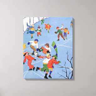 Impressão Em Tela Natal Antigo, Crianças Patinando em um Lago