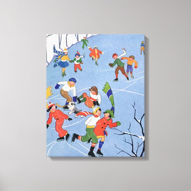 Impressão Em Tela Natal Antigo, Crianças Patinando em um Lago (Frente)