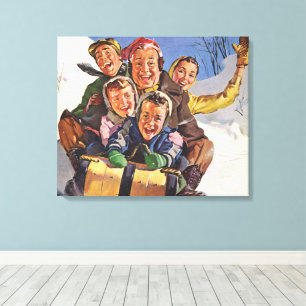 Impressão Em Tela Natal Antigo, Família Feliz Deslizando em Trenó