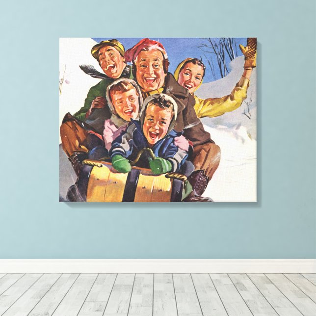 Impressão Em Tela Natal Antigo, Família Feliz Deslizando em Trenó (Insitu(piso de madeira))