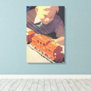 Impressão Em Tela Natal Antigo, Menino Brincando com Trem de Brinque