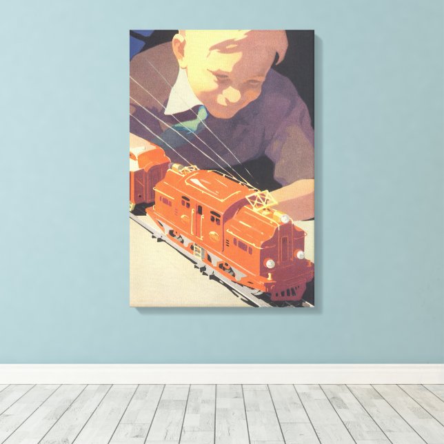 Impressão Em Tela Natal Antigo, Menino Brincando com Trem de Brinque (Insitu(piso de madeira))