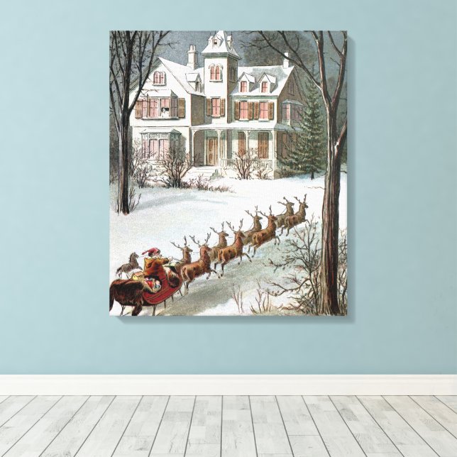 Impressão Em Tela Natal Antigo, Papai Noel com Rena (Insitu(piso de madeira))