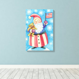 Impressão Em Tela Natal Fofo, Papai Noel Patriótico com Bandeira