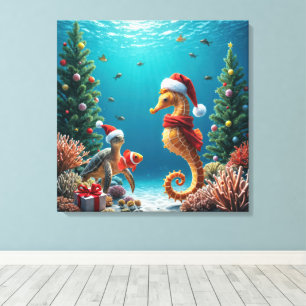 Impressão Em Tela Natal Subaquático Cavalo-Marinho e Tartaruga