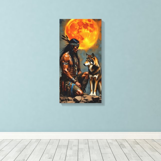 Impressão Em Tela Native American and Wolf (Insitu(piso de madeira))