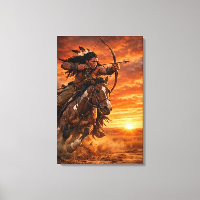 Impressão Em Tela Native American Warrior on Galloping Horse Sunset (Frente)