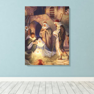 Impressão Em Tela Natividade de Natal Vintage, 3 Pastores e Jesus