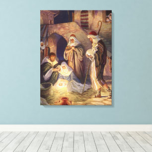 Impressão Em Tela Natividade de Natal Vintage, 3 Pastores e Jesus