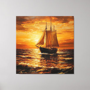 Impressão Em Tela Navio à Vela ao Pôr do Sol com Céu Dourado