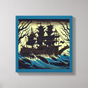 Impressão Em Tela Navio Assombrado à Vela Xilogravura 3