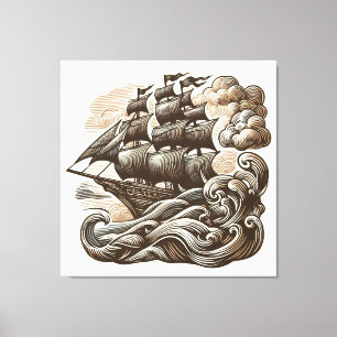 Impressão Em Tela Navio de vela no mar aberto - Vintage gravado