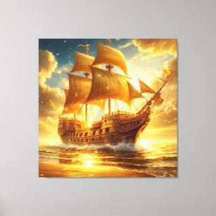 Impressão Em Tela Navio Dourado à Vela no Mar do Pôr do Sol