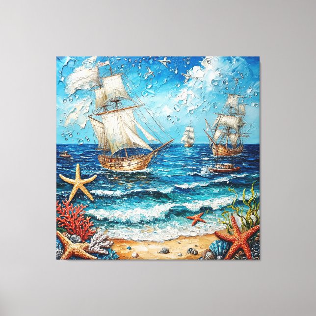 Impressão Em Tela Navios à Vela e Vida Oceânica (Frente)