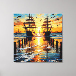 Impressão Em Tela Navios altos históricos navegando ao pôr do sol co