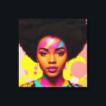 Impressão Em Tela Negra Colorida Mulher Negra Afro-Pop Art<br><div class="desc">Este trabalho de arte do estilo pop art apresenta uma bela mulher negra com uma grande estética afro, 70 com um pouco de poder floral e brincos. Uma beleza de melanina vibrante com cabelo natural numa obra de arte digital arrojada e multicolor. Ciano, magenta cor-de-rosa e amarelo com algum pêssego....</div>