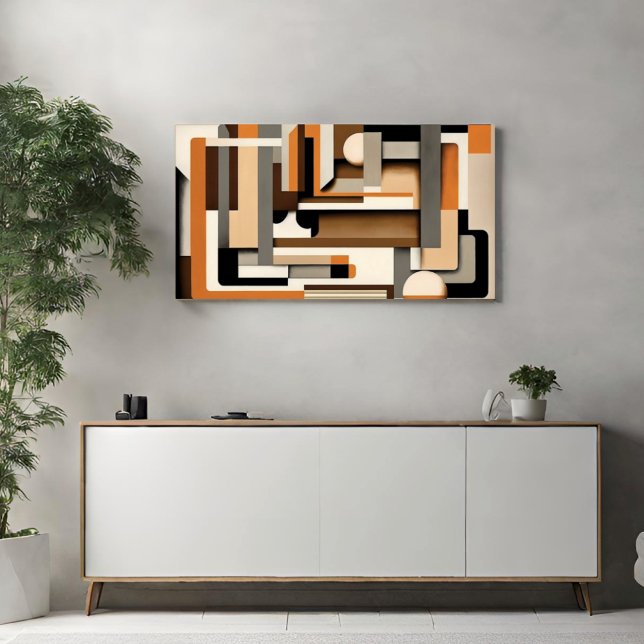 Impressão Em Tela Negra Geométrica Moderna do Século médio, Taupe e  (Printed Canvas Art Mid Century Modern Geometric in Orange Taupe and Black Modern Minimalist)