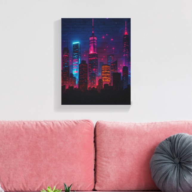 Impressão Em Tela Neon City Skyline: Retroturismo (Insitu(Sala de estar))