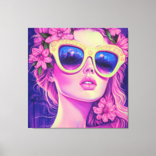 Impressão Em Tela Neon Dream Girl com óculos de sol florais