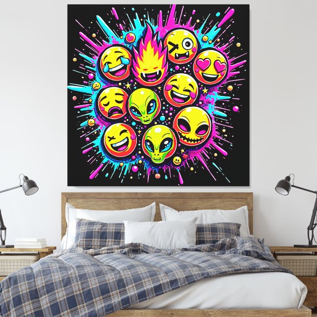 Impressão Em Tela Neon Funky Emoji Mix (Insitu(Quarto))