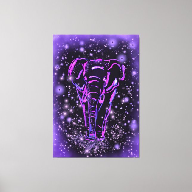 Impressão Em Tela Neon Purple Elephant Andando À Noite Estrelada (Frente)