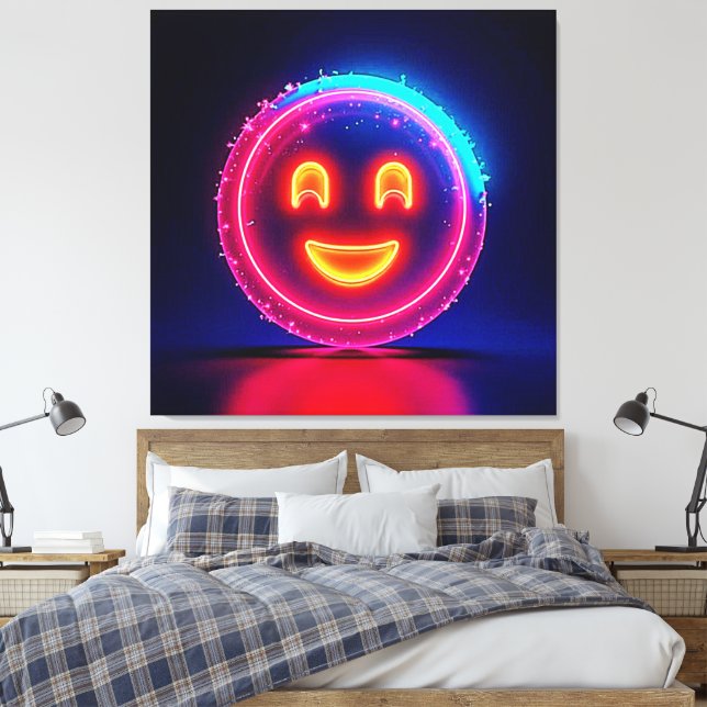 Impressão Em Tela Neon Smile: Bright Happy Glow Design (Insitu(Quarto))