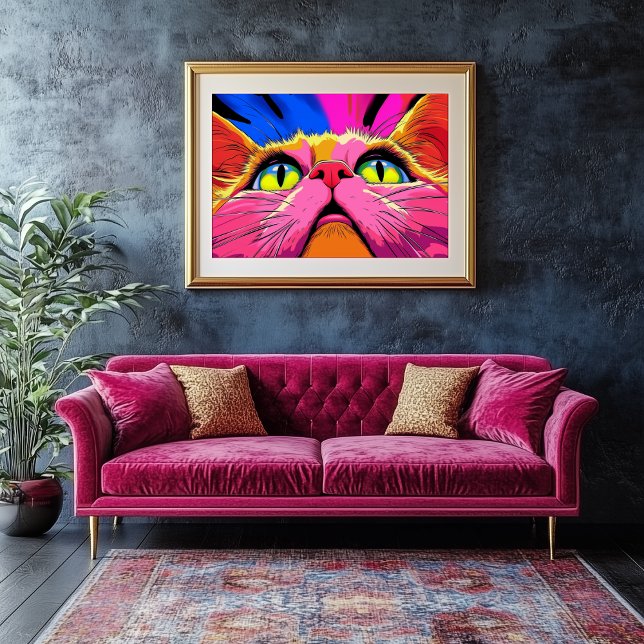 Impressão Em Tela Neon Whiskers: Visão vívida de um gato (Ginormous Cat Looking Up - Psychedelic Art)